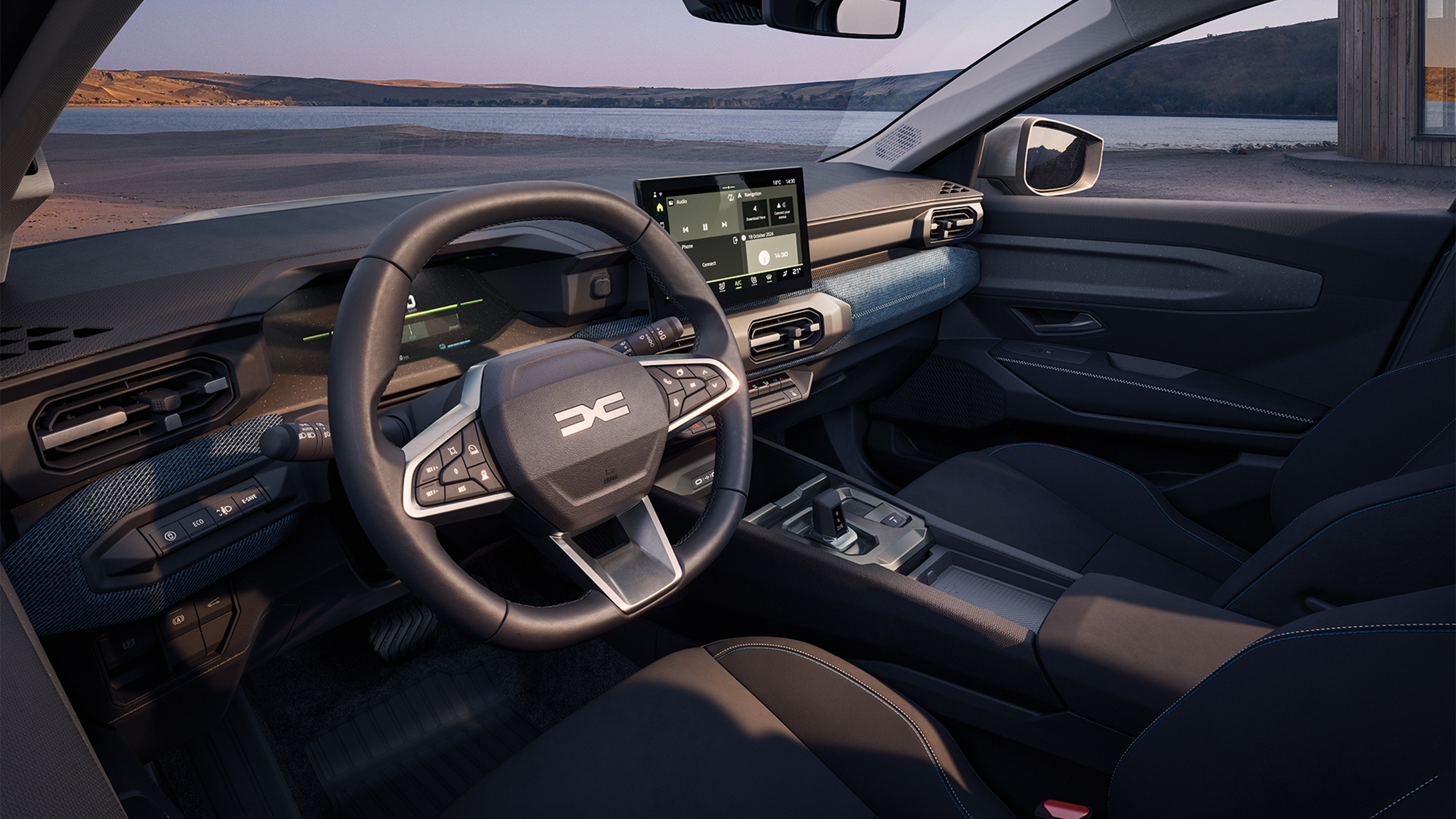 Palubní deska vozu Dacia Striker s digitálním přístrojovým panelem; oficiální vizuál Dacia